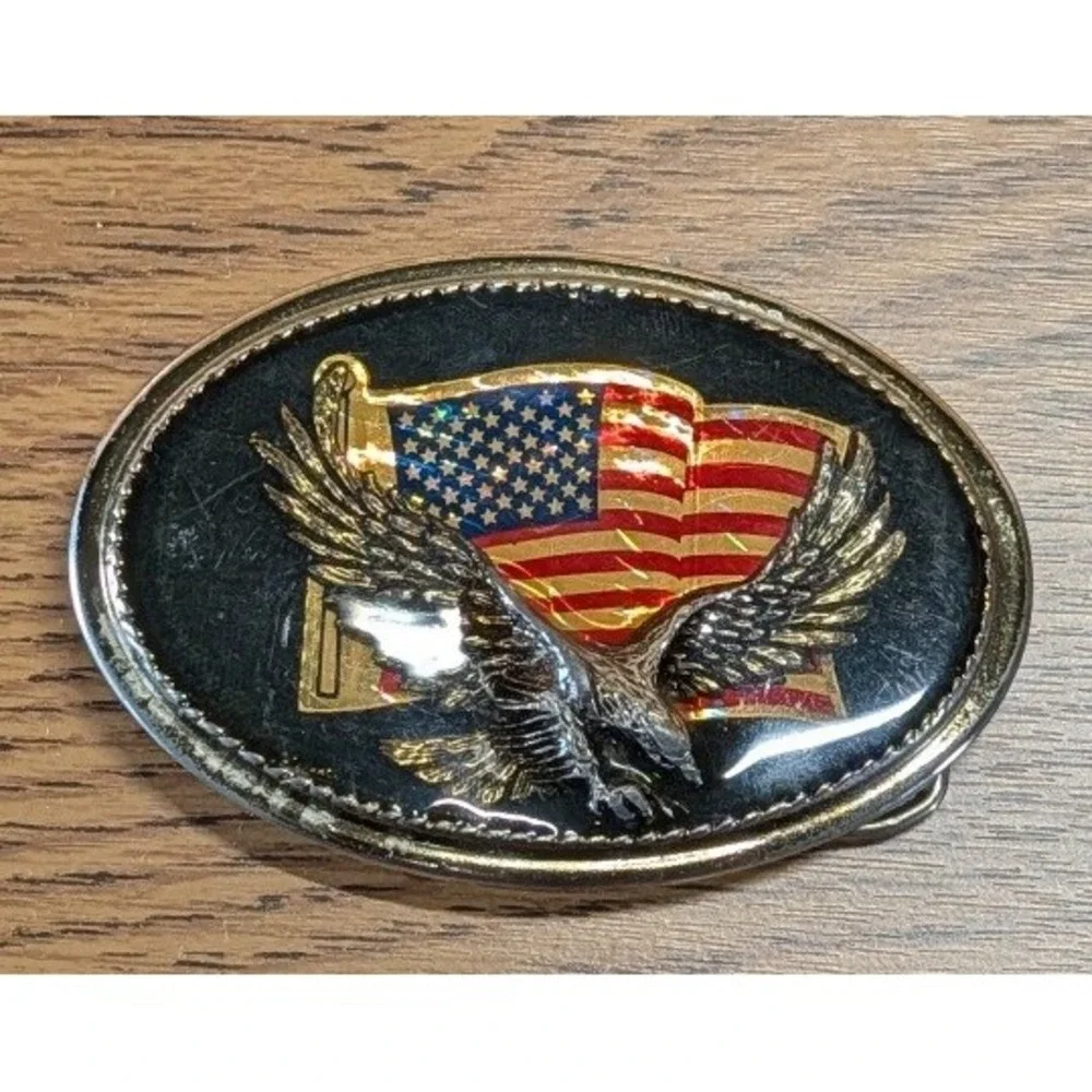Beaver Buckle Co American Flag Eagle Belt Buckle USA Patriotic Black Gold Oval
